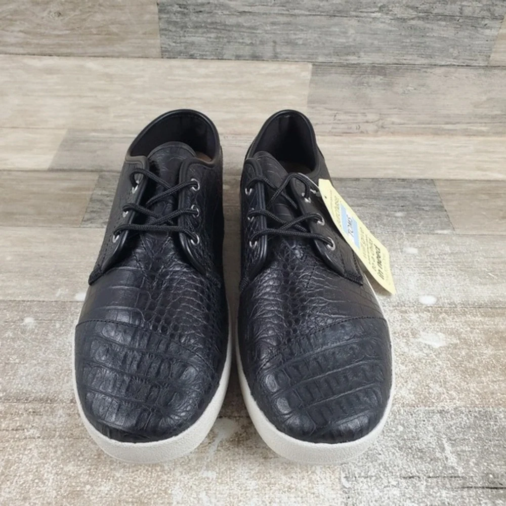 Toms Paseo Mens Casual Shoes Sz 10.5 Black Croc Embossed Leather Lace-Up Sneaker
